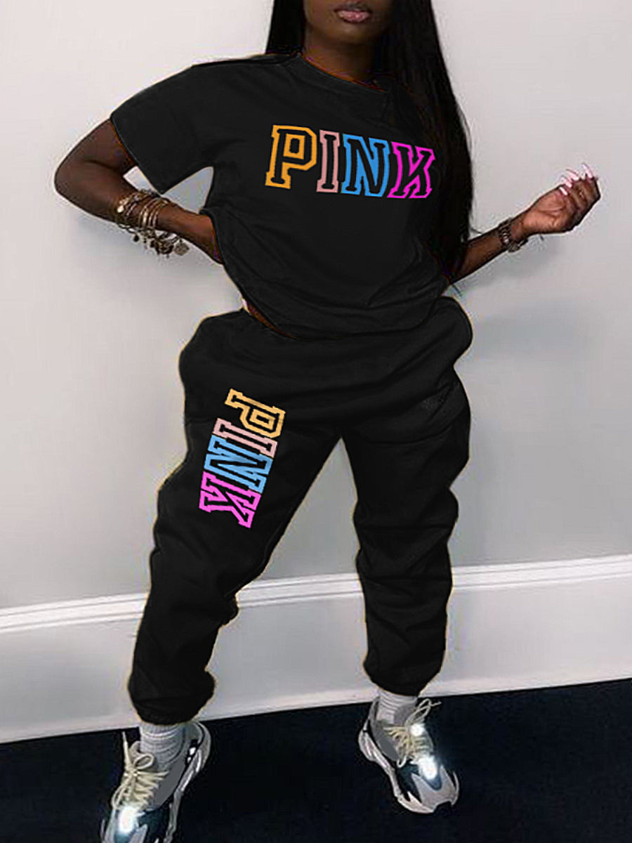 Pink Letter Print Pants Set Ar5051