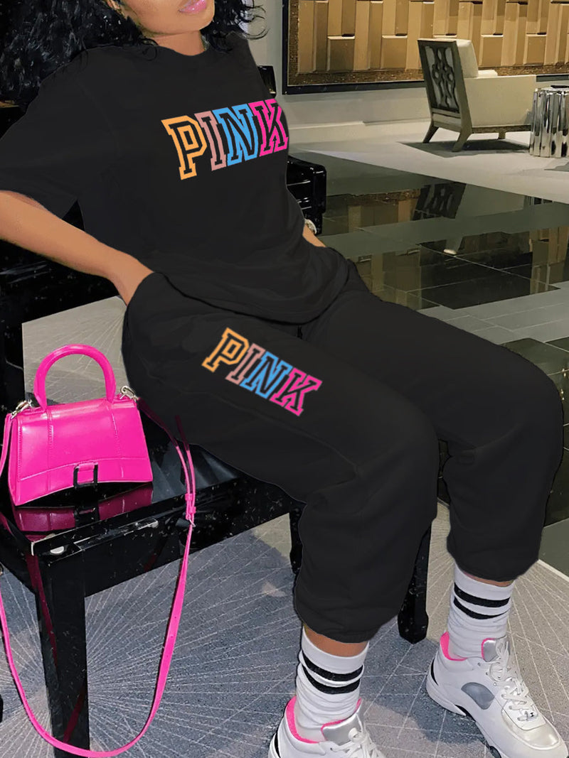 Pink Letter Print Pants Set Ar5051