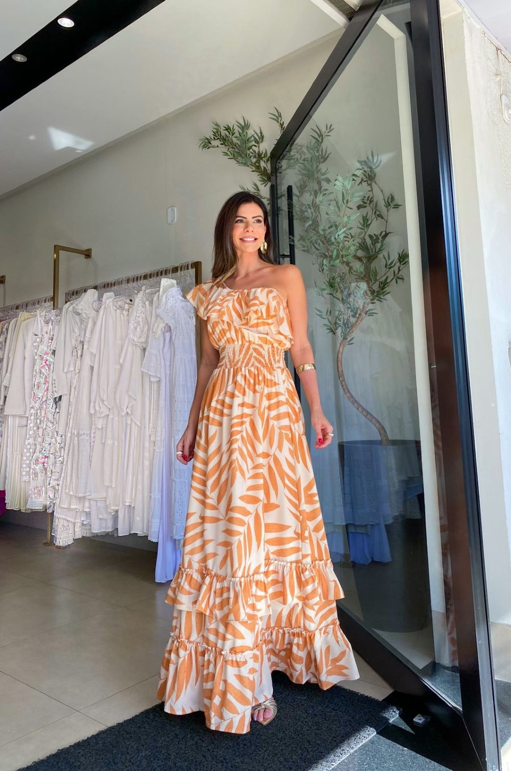 One Sleeve Palm Printed Self-tie Tiered Maxi Dress