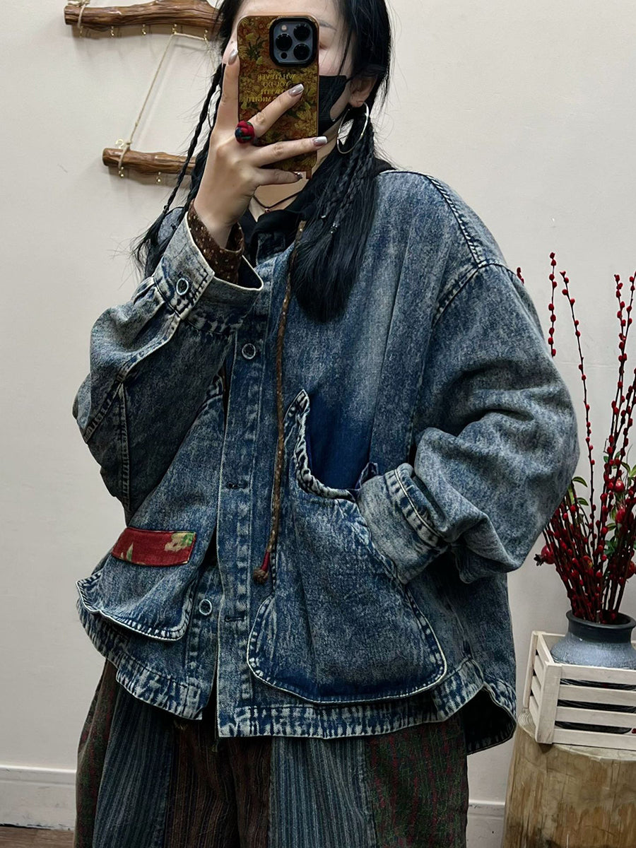Spring Retro Irregular Patch Pocket Denim Coat At1031