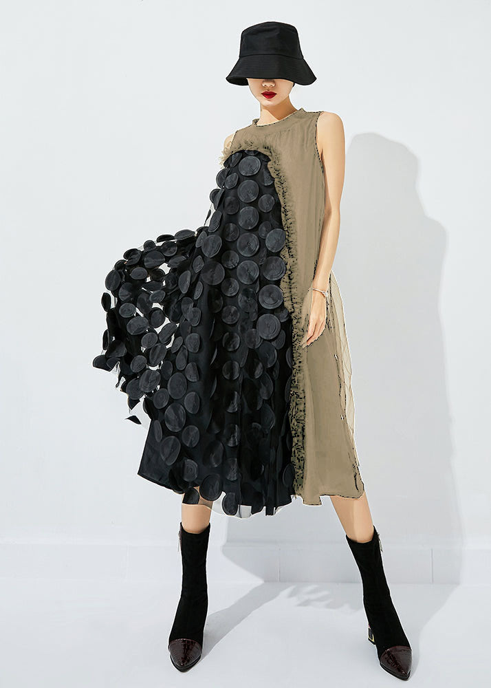 Black-blue Dot Asymmetrical Patchwork Wrinkled Tulle Maxi Dress Sleeveless Ly0871