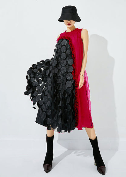 Black-blue Dot Asymmetrical Patchwork Wrinkled Tulle Maxi Dress Sleeveless Ly0871