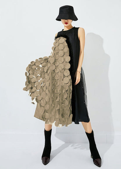 Tea Green-black Dot Asymmetrical Patchwork Wrinkled Tulle Maxi Dress Sleeveless Ly0869