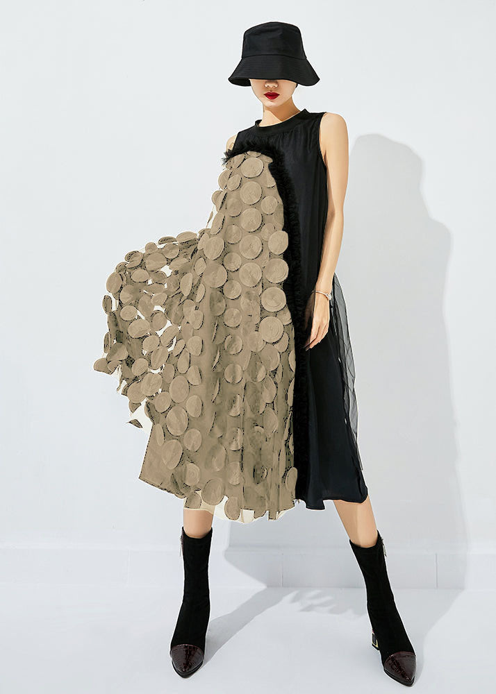 Light Green-black Dot Asymmetrical Patchwork Wrinkled Tulle Maxi Dress Sleeveless Ly0868