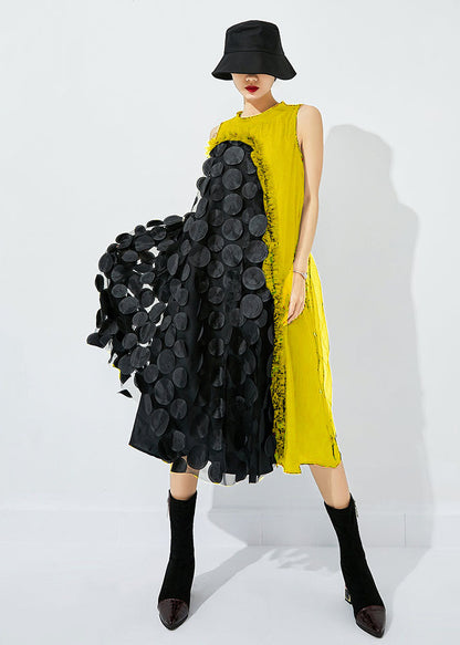 Black-green Dot Asymmetrical Patchwork Wrinkled Tulle Maxi Dress Sleeveless Ly0870