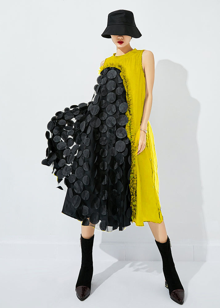 Tea Green-black Dot Asymmetrical Patchwork Wrinkled Tulle Maxi Dress Sleeveless Ly0869