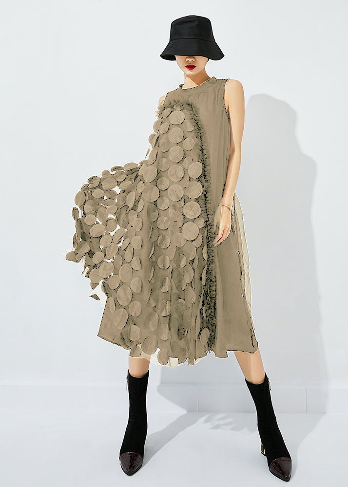 Tea Green-black Dot Asymmetrical Patchwork Wrinkled Tulle Maxi Dress Sleeveless Ly0869