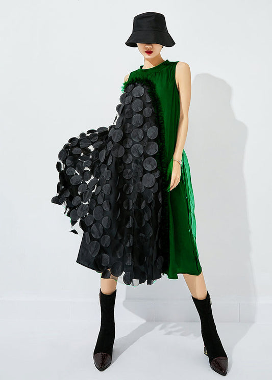 Tea Green-black Dot Asymmetrical Patchwork Wrinkled Tulle Maxi Dress Sleeveless Ly0869
