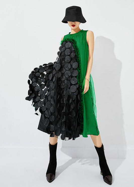 Light Green-black Dot Asymmetrical Patchwork Wrinkled Tulle Maxi Dress Sleeveless Ly0868