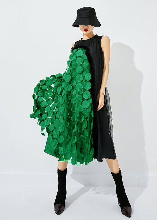 Black-green Dot Asymmetrical Patchwork Wrinkled Tulle Maxi Dress Sleeveless Ly0870