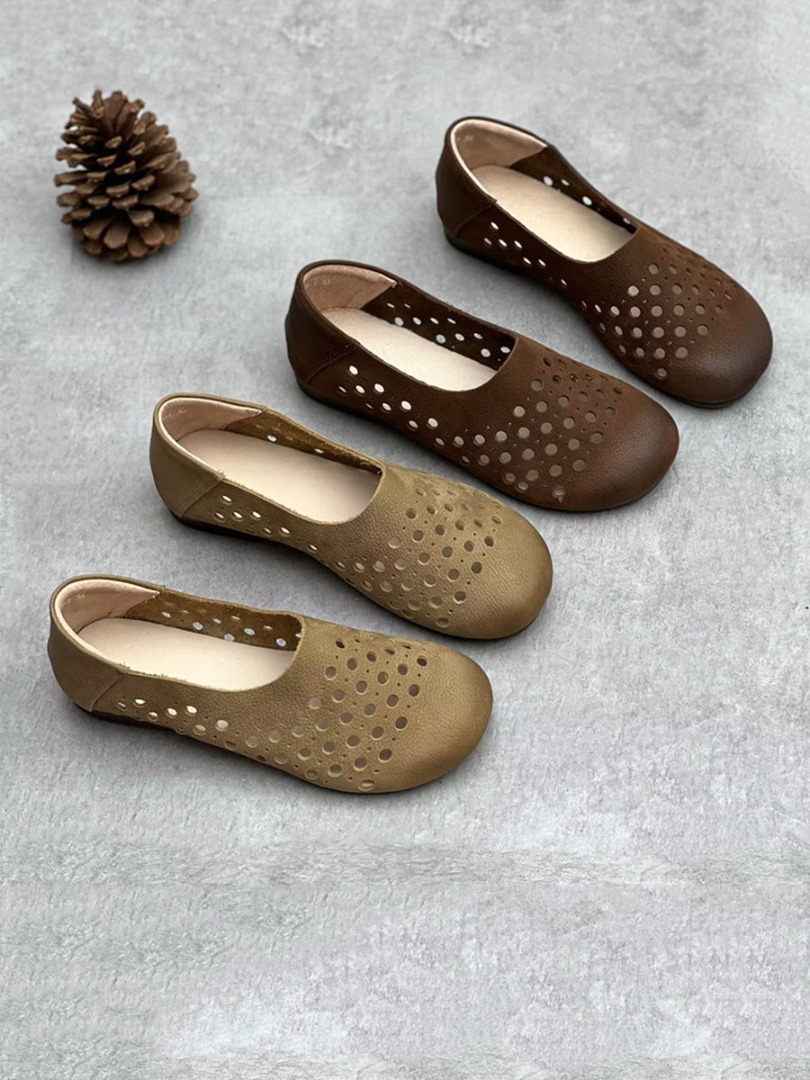 Summer Geniune Leather Hollow Out Flat Shoes Hh025