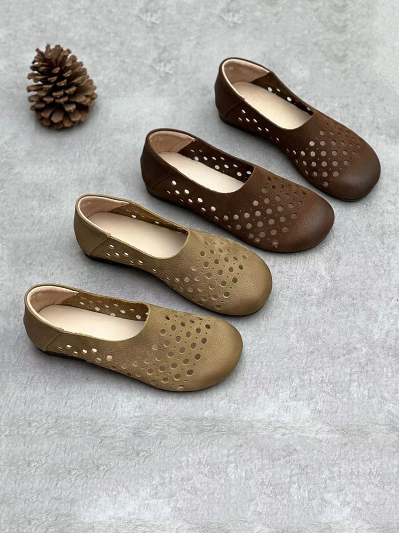 Summer Geniune Leather Hollow Out Flat Shoes Hh025