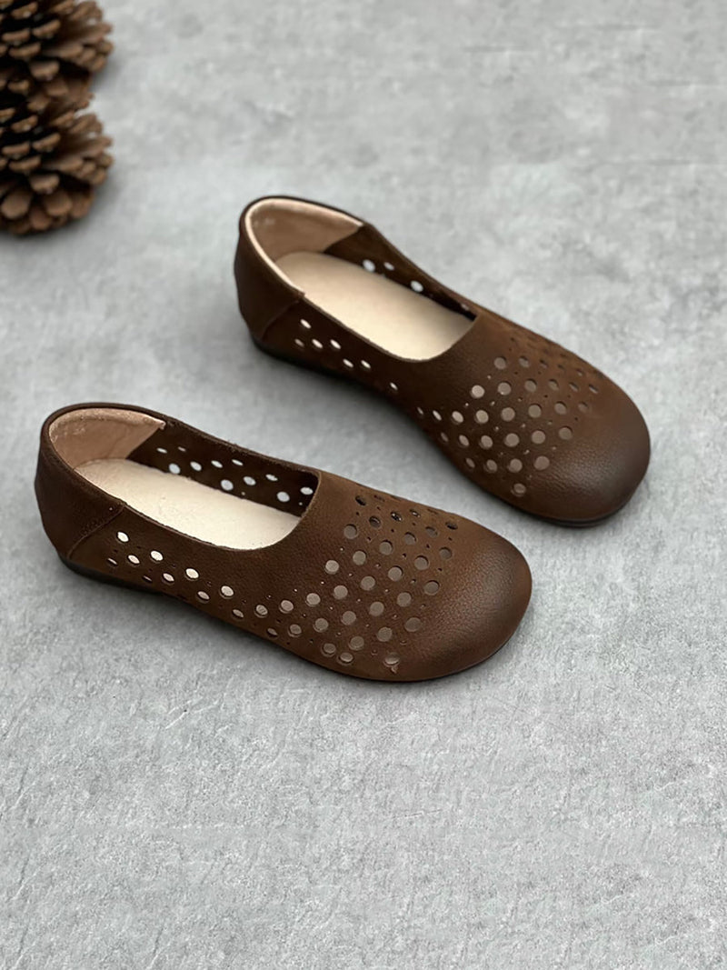 Summer Geniune Leather Hollow Out Flat Shoes Hh025