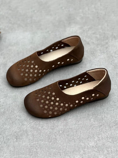 Summer Geniune Leather Hollow Out Flat Shoes Hh025