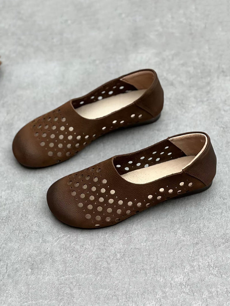 Summer Geniune Leather Hollow Out Flat Shoes Hh025