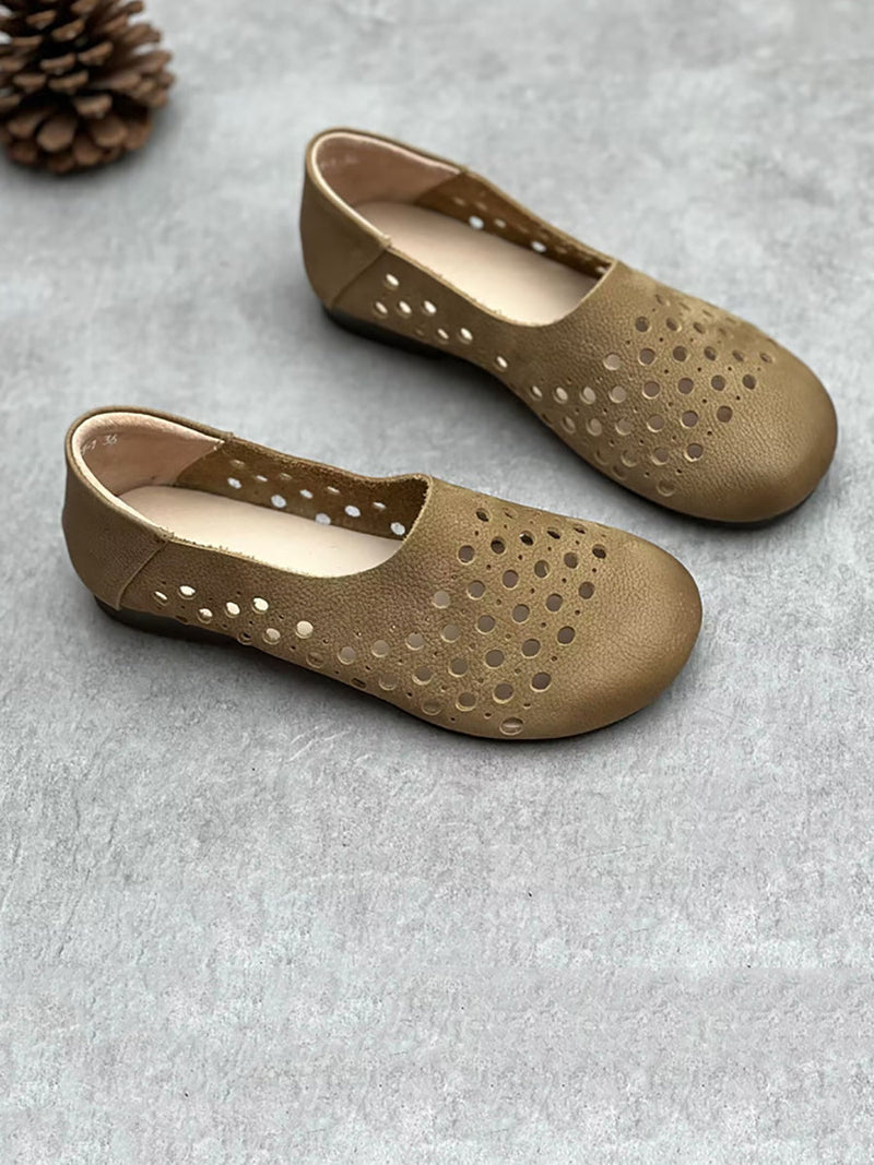 Summer Geniune Leather Hollow Out Flat Shoes Hh025