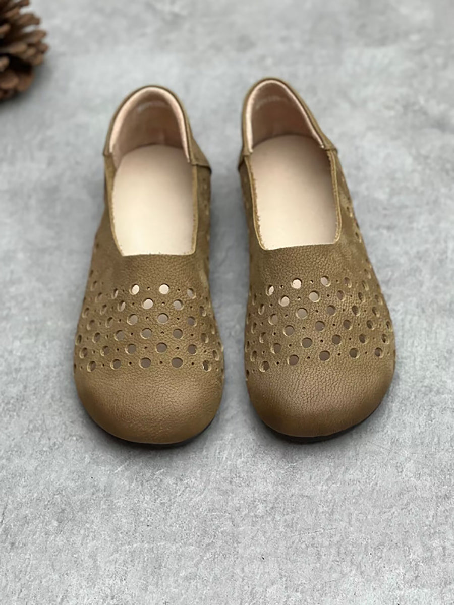 Summer Geniune Leather Hollow Out Flat Shoes Hh025