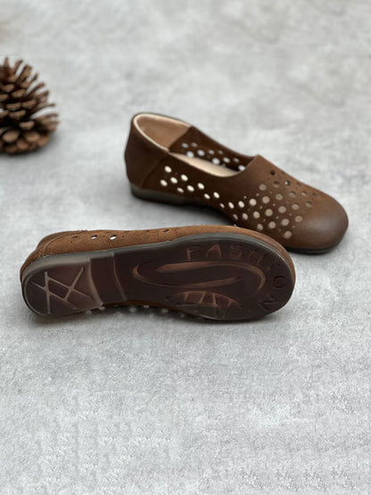 Summer Geniune Leather Hollow Out Flat Shoes Hh025