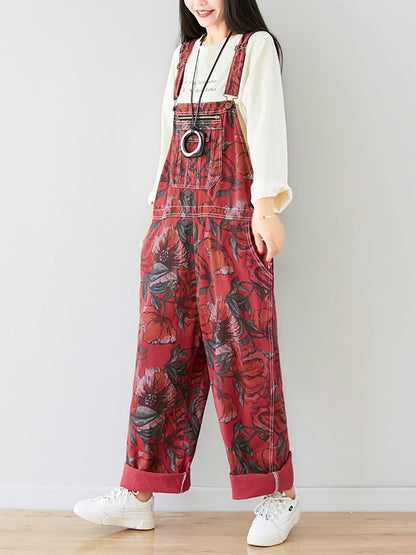 Autumn Artsy Flower Pocket Loose Denim Jumpsuits Ai1071