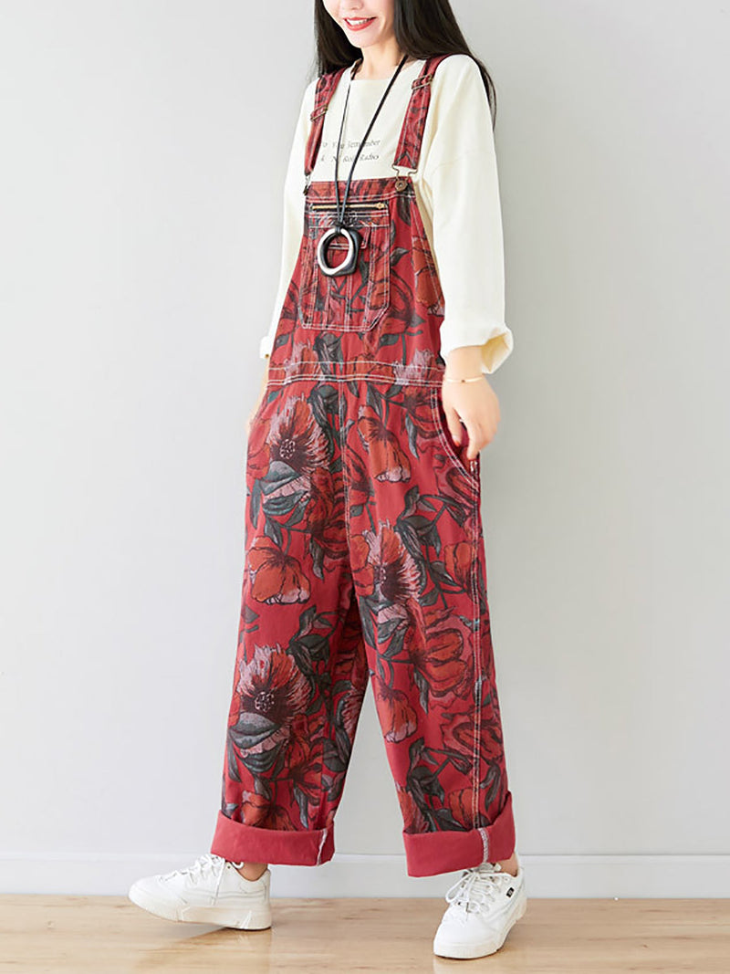 Autumn Artsy Flower Pocket Loose Denim Jumpsuits Ai1071