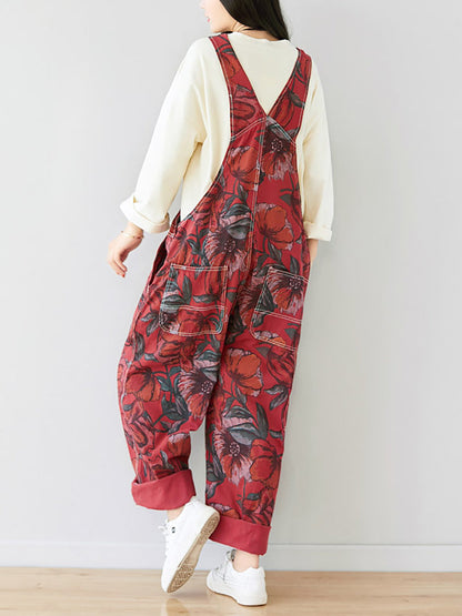 Autumn Artsy Flower Pocket Loose Denim Jumpsuits Ai1071
