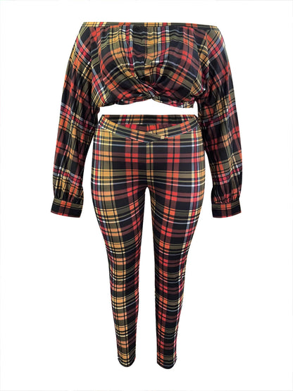 Dew Shoulder Grid Print Purple Two-piece Pants Set Bo504