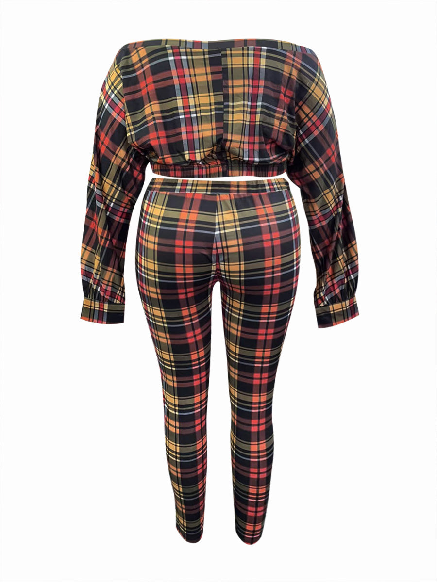 Dew Shoulder Grid Print Purple Two-piece Pants Set Bo504