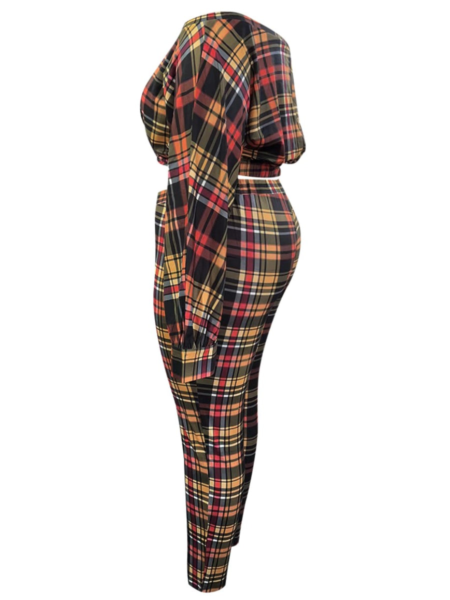 Dew Shoulder Grid Print Purple Two-piece Pants Set Bo504