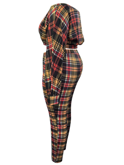 Dew Shoulder Grid Print Purple Two-piece Pants Set Bo504