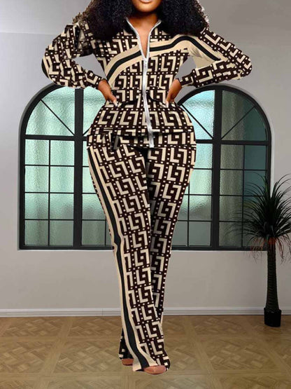 Geometric Print Striped Flared Pants Set At9055