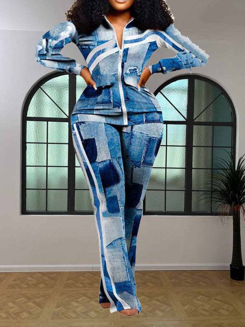 Geometric Print Striped Flared Pants Set At9055