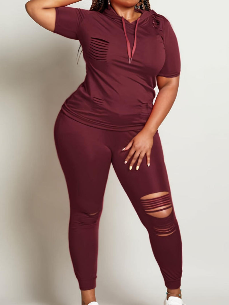 Hooded Collar Ripped Pants Set At909