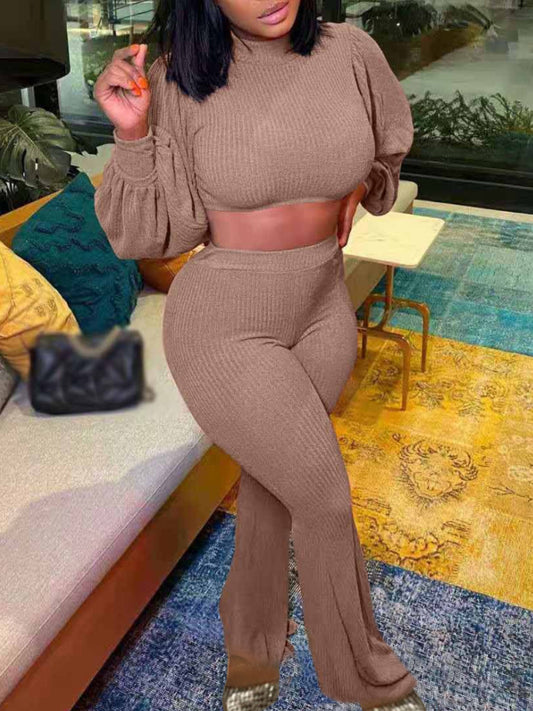 Basics Crop Top Rib Knit Flared Pants Set Ar5092