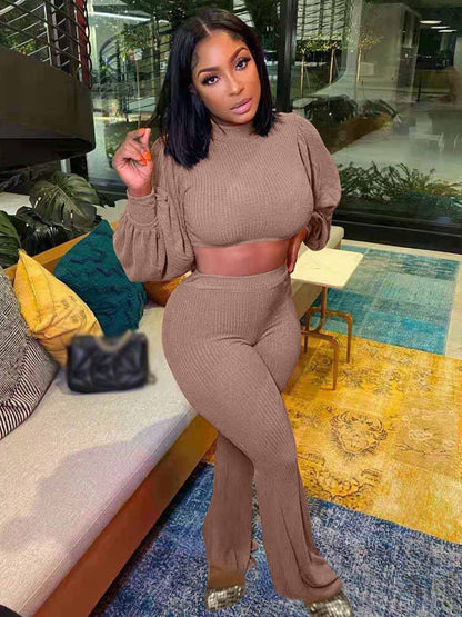 Basics Crop Top Rib Knit Flared Pants Set Ar5092
