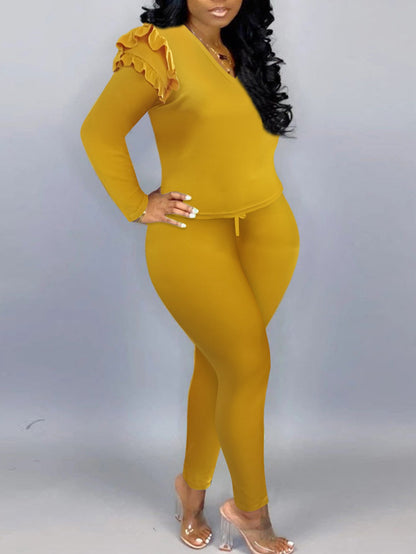 V Neck Striped Yellow Two-piece Pants Set Ar5043