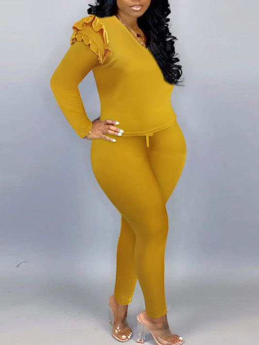 V Neck Striped Yellow Two-piece Pants Set Ar5043
