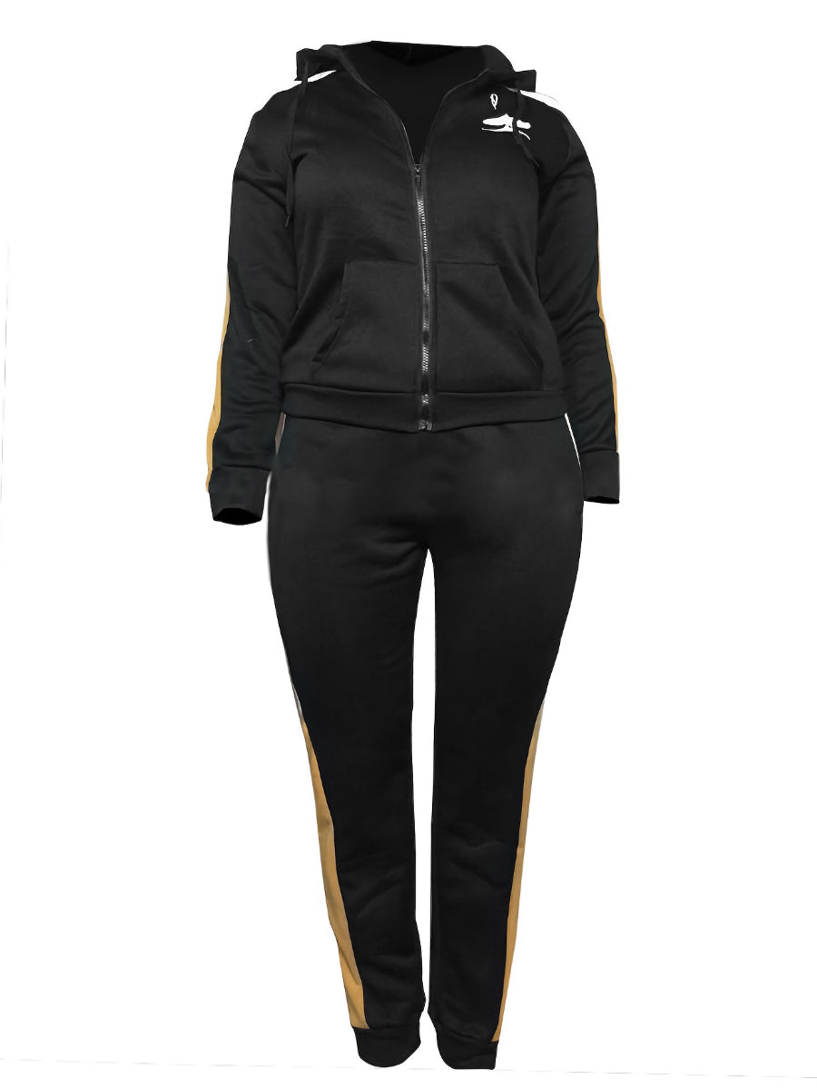 Leisure Hooded Collar Patchwork Wine Red Two-piece Pants Set Bo507