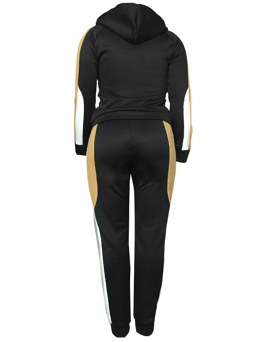Leisure Hooded Collar Patchwork Wine Red Two-piece Pants Set Bo507