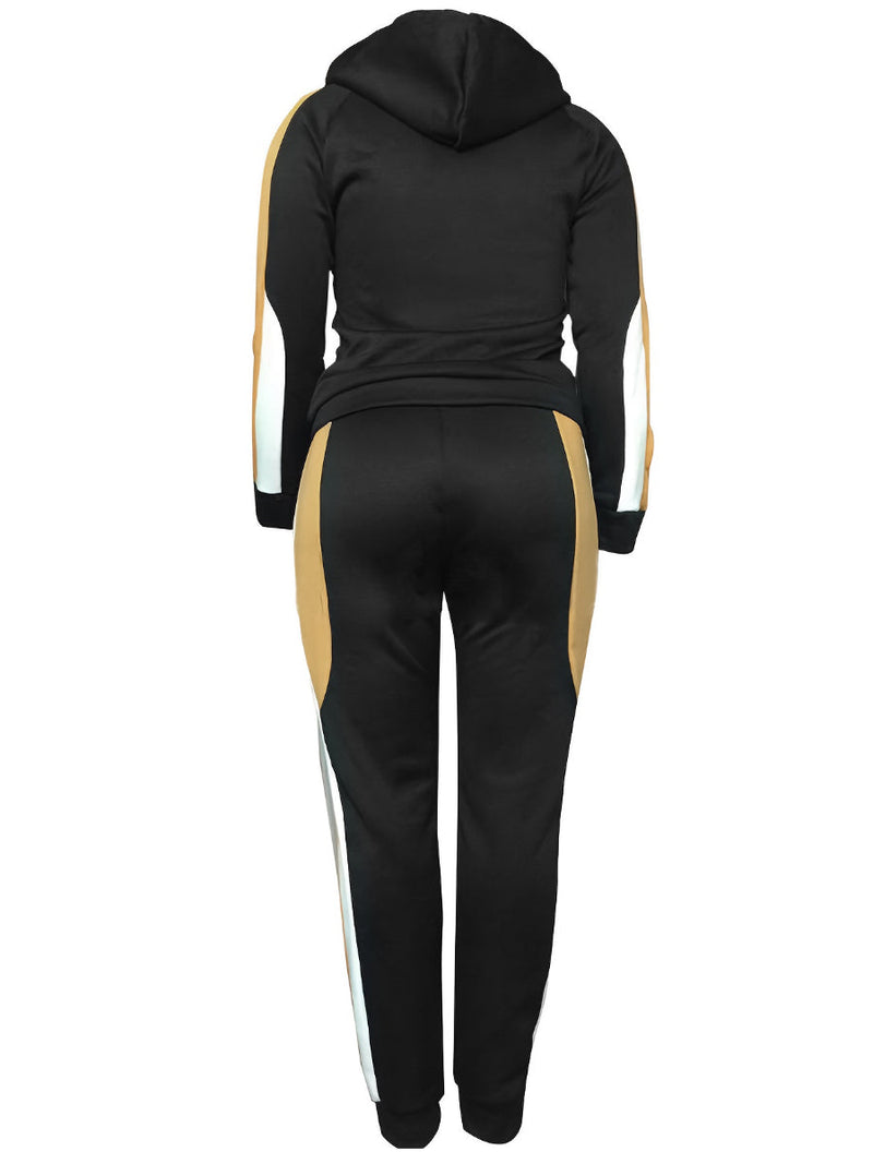 Leisure Hooded Collar Patchwork Wine Red Two-piece Pants Set Bo507
