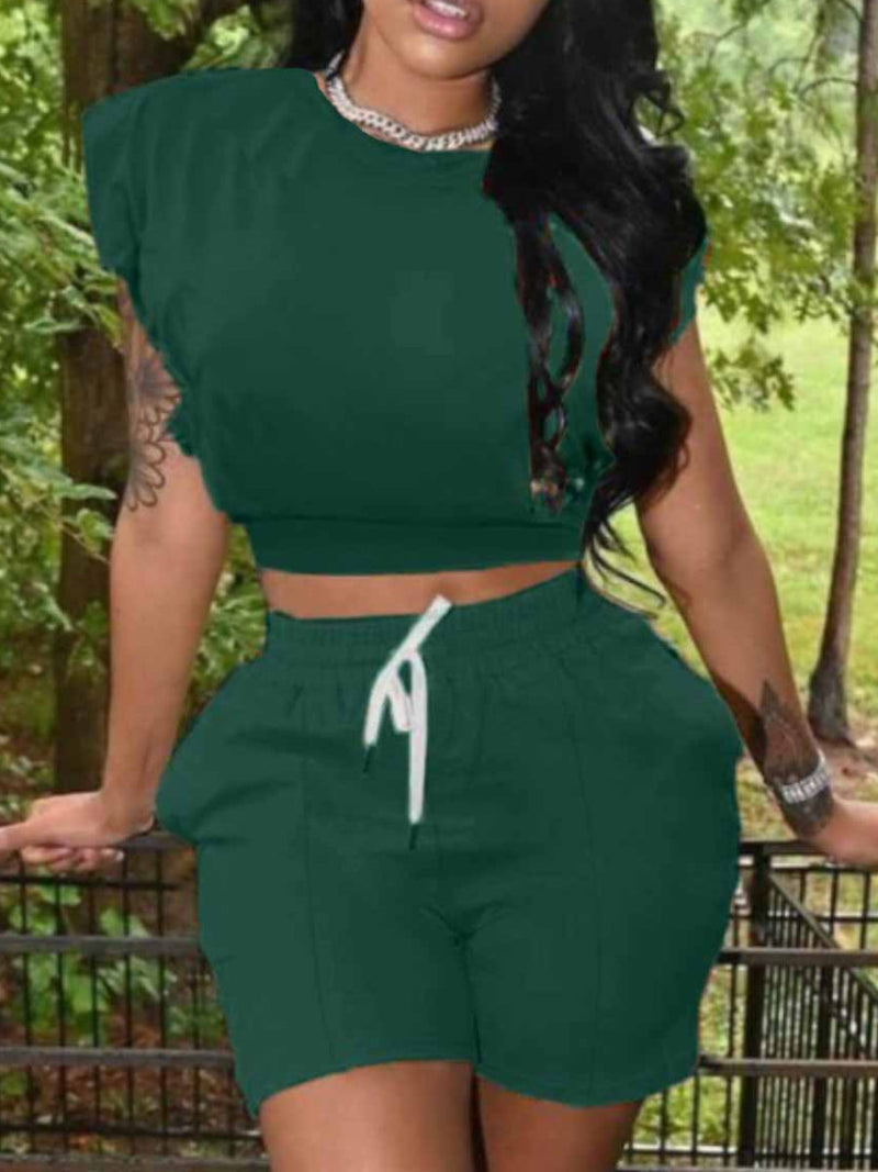 O Neck Drawstring White Two Piece Shorts Set Ar5061