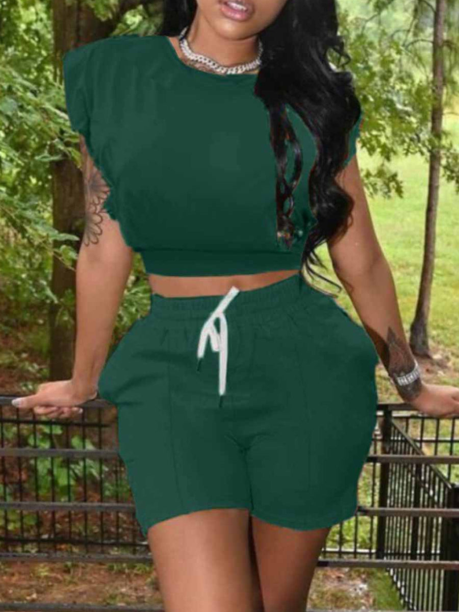 O Neck Drawstring White Two Piece Shorts Set Ar5061
