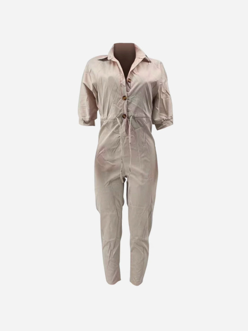 Button Design Drawstring Regular Fit Jumpsuit Ar504