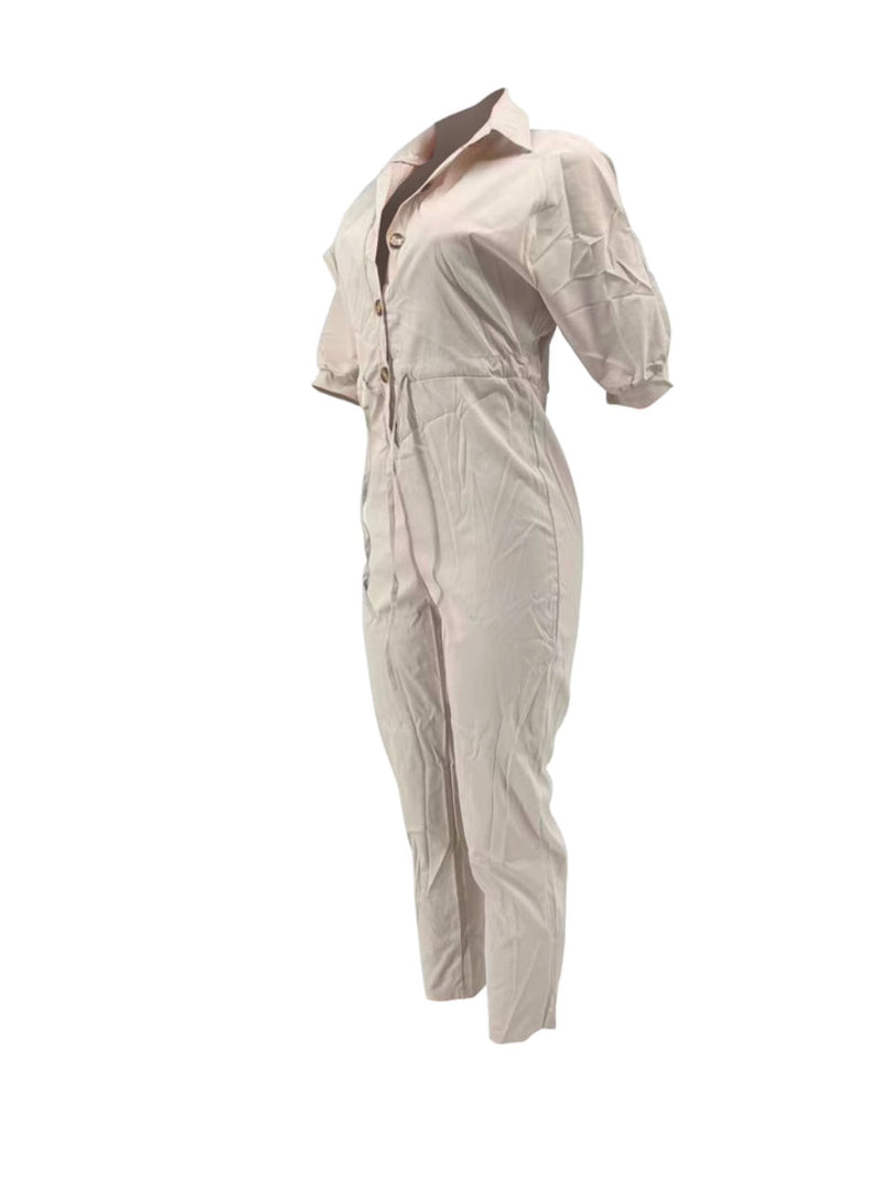 Button Design Drawstring Regular Fit Jumpsuit Ar504