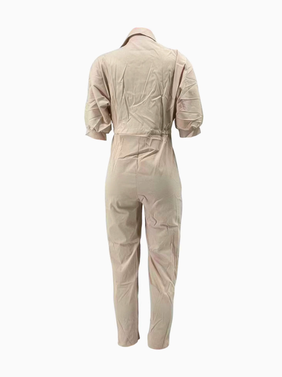 Button Design Drawstring Regular Fit Jumpsuit Ar504