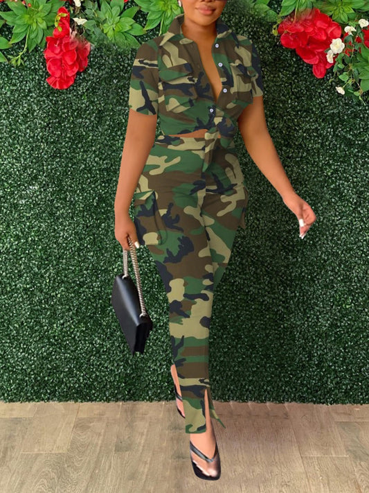 Camo Print Side Pocket Cargo Pants Set Ar5031
