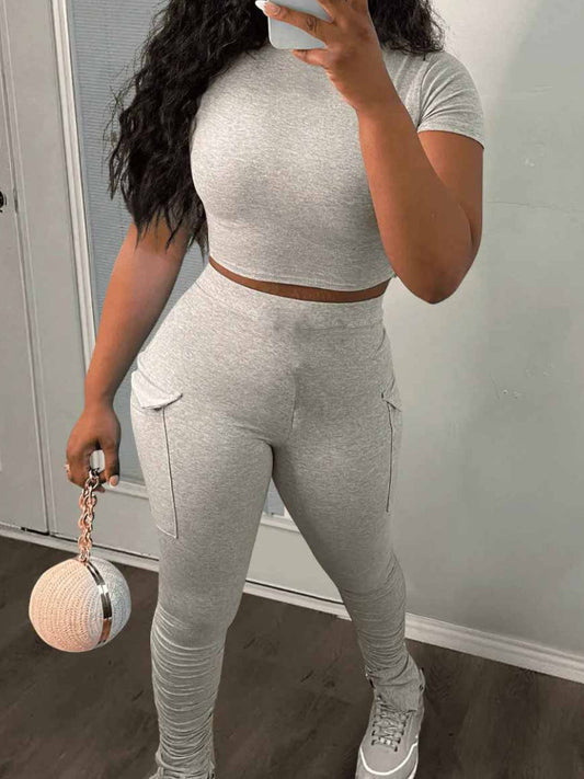 Crop Top Drastring Side Pocket Pants Set Ar5010