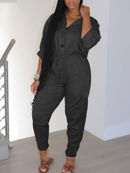 Button Design Drawstring Regular Fit Jumpsuit Ar504