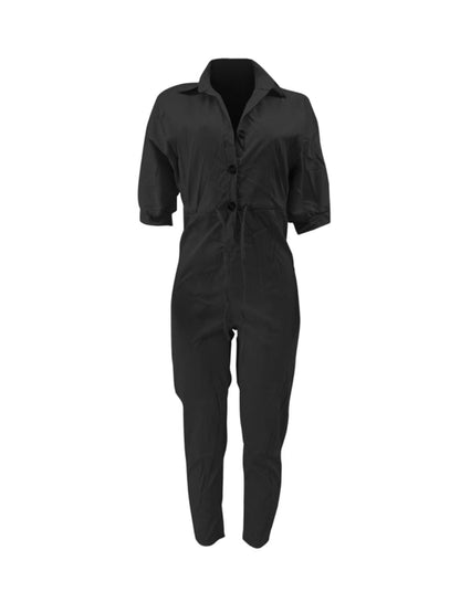 Button Design Drawstring Regular Fit Jumpsuit Ar504