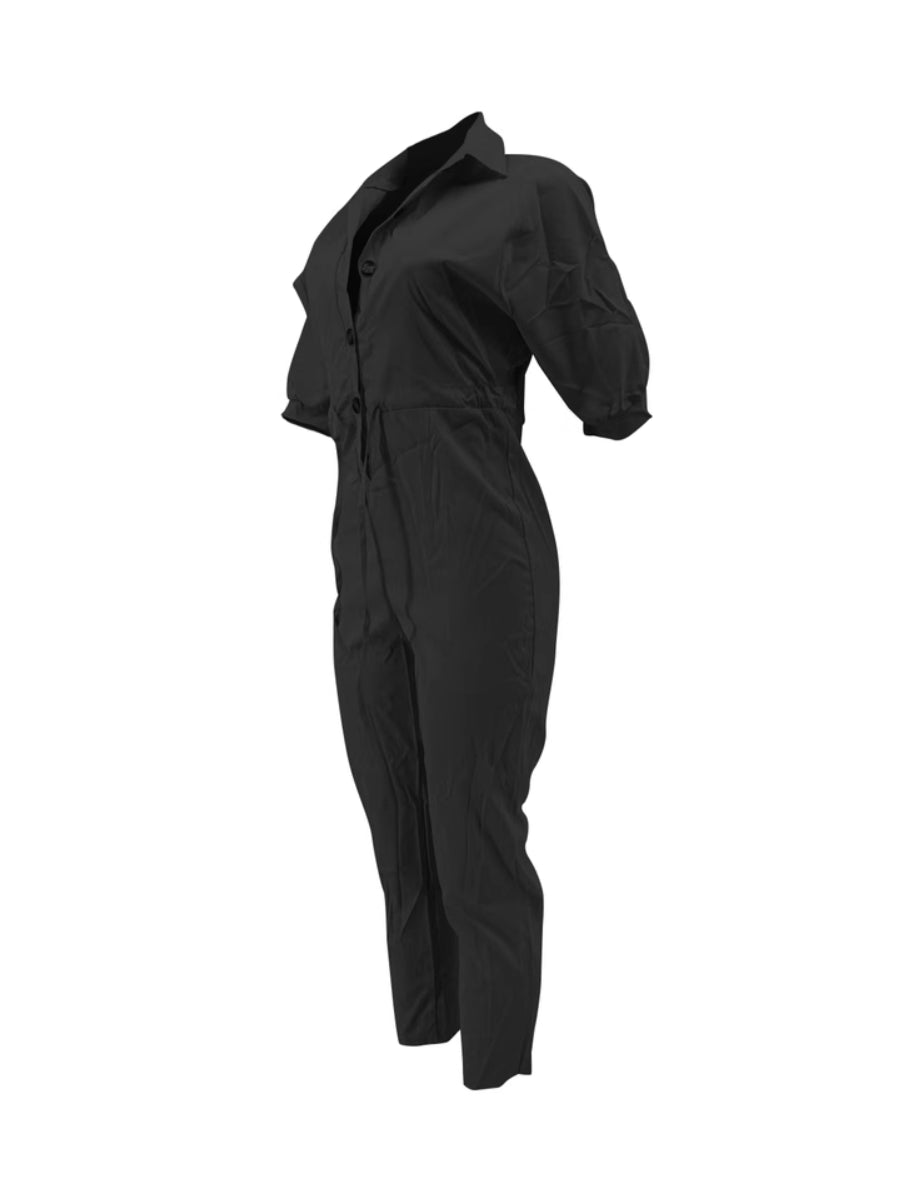 Button Design Drawstring Regular Fit Jumpsuit Ar504