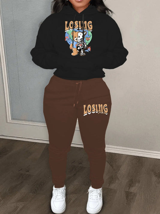 Drawstring Pattern Kangaroo Pocket Print Skinny Two-piece Pants Set At9067
